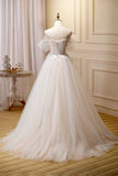 Champagne Lace Long A-line Prom Dress, Off the Shoulder Evening Dress HZ1024