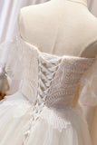 Champagne Lace Long A-line Prom Dress, Off the Shoulder Evening Dress HZ1024