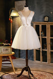 Champagne V-Neck Tulle Short Prom Dress, A-Line Evening Party Dress HZ1024