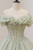 Green Ball Gown, A-Line Off the Shoulder Evening Gown with Beaded HZ1024