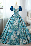 Blue Printed Long A-Line Prom Dress, Elegant Short Sleeve Formal Dress HZ1024
