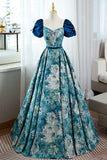Blue Printed Long A-Line Prom Dress, Elegant Short Sleeve Formal Dress HZ1024