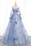 Blue Tulle Long Sleeve Prom Dress, A-Line Off the Shoulder Evening Gown HZ1024