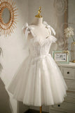 Champagne Tulle Lace Knee Length Prom Dress, Cute A-Line Party Dress HZ1024