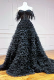 Black Tulle Long Ball Gown, A-Line Off the Shoulder Evening Gown HZ1024