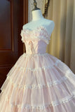 Pink Strapless Layers Tulle Long Party Dress, Glam Prom Dress Formal Gown HZ1024