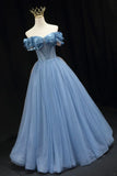 Blue Tulle Beaded Long Prom Dress, Elegant A-Line Blue Evening Dress HZ1024