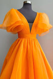Orange Organza Long A-Line Prom Dress, Beautiful V-Neck Evening Dress HZ1024