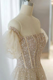A-Line Tulle Beaded Long Prom Dress, Champagne Short Sleeve Evening Dress HZ1024