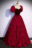 Burgundy Velvet Long A-Line Prom Dress, Short Sleeve Evening Dress HZ1024