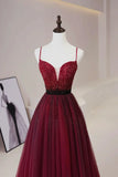 Burgundy Tulle Beaded Long Prom Dress, A-Line Spaghetti Strap Evening Dress HZ1024