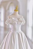 White Satin Long Ball Gown, A-Line Flower Wedding Gown with Bow HZ1024