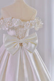 White Satin Long Ball Gown, A-Line Flower Wedding Gown with Bow HZ1024