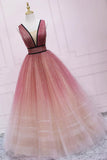 Cute Ombre Tulle V-Neck Long Party Dress, A-line Prom Dress HZ1024
