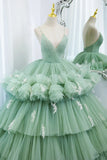 Green V-Neck Layers Tulle Long Ball Gown, A-Line Formal Gown HZ1024