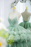 Green V-Neck Layers Tulle Long Ball Gown, A-Line Formal Gown HZ1024