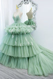 Green V-Neck Layers Tulle Long Ball Gown, A-Line Formal Gown HZ1024