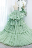 Green V-Neck Layers Tulle Long Ball Gown, A-Line Formal Gown HZ1024