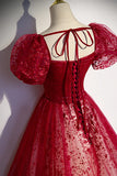 Burgndy Tulle Short Sleeve Formal Evening Dress, A-Line Long Prom Dress HZ1024