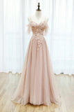 Pink Tulle Lace Long A-Line Prom Dress, Spaghetti Strap Formal Evening Dress HZ1024