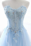 Blue Strapless Tulle Lace Long A-Line Prom Dress, Blue Evening Dress HZ1024
