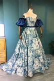 Blue Floral Long Senior Prom Dress, Blue A-Line Evening Dress HZ1024