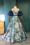 Blue Floral Long Senior Prom Dress, Blue A-Line Evening Dress HZ1024