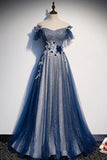 Blue Tulle Sequins Long Prom Dress, A-Line Evening Dress HZ1024