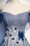Blue Tulle Sequins Long Prom Dress, A-Line Evening Dress HZ1024