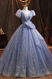 Blue Tulle Sequins Long Prom Dress, A-Line Evening Gown with Bow HZ1024