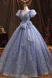 Blue Tulle Sequins Long Prom Dress, A-Line Evening Gown with Bow HZ1024