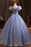 Blue Tulle Sequins Long Prom Dress, A-Line Evening Gown with Bow HZ1024
