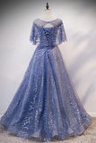 Blue Tulle Sequins Long Prom Dress, A-Line Blue Evening Dress HZ1024