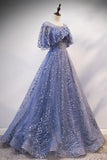Blue Tulle Sequins Long Prom Dress, A-Line Blue Evening Dress HZ1024