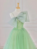 Previous Next Green Tulle Short Prom Dress, A-Line Evening Dress with Bow HZ1024