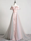 Lovely Tulle Applique Long Prom Dress, A-Line Evening Dress with Detachable Skirt HZ1024