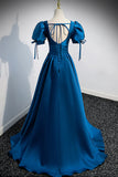 Blue V-Neck Satin Long Prom Dress, Simple A-Line Evening Dress HZ1024
