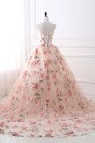 Pink Floral Pattern Lace Long Prom Dress, A-Line Formal Dress HZ1024