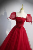 Red Beaded Tulle A-Line Long Formal Dress, Red Prom Dress HZ1024