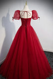 Red Beaded Tulle A-Line Long Formal Dress, Red Prom Dress HZ1024