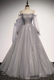 Gray Tulle Sequins Long Prom Dress, Long Sleeve Evening Dress HZ1024