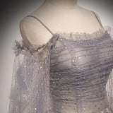 Gray Tulle Sequins Long Prom Dress, Long Sleeve Evening Dress HZ1024