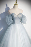 Blue Tulle Long A-Line Prom Dress, Blue Off the Shoulder Evening Dress HZ1024
