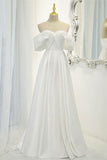 White Satin Long Prom Dress, Off the Shoulder Evening Dress HZ1024