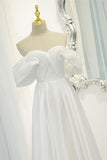 White Satin Long Prom Dress, Off the Shoulder Evening Dress HZ1024