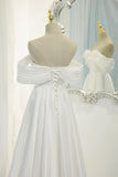 White Satin Long Prom Dress, Off the Shoulder Evening Dress HZ1024