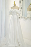 White Satin Long Prom Dress, Off the Shoulder Evening Dress HZ1024