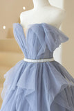 Blue Off Shoulder Tulle Long Formal Dress, A-Line Blue Evening Dress HZ1024