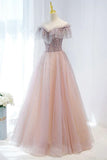 Pink Tulle Beaded Long Formal Dress, Pink V-Neck Prom Dress HZ1024