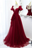 A-Line Satin Tulle Long Prom Dresses, Burgundy Evening Dresses HZ1024